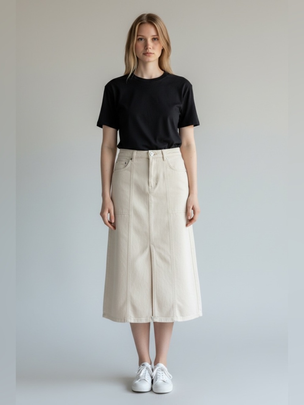 Habitual Denim Midi Skirt Size 25 Cream Cotton Blend High Rise A-Line Minimalist